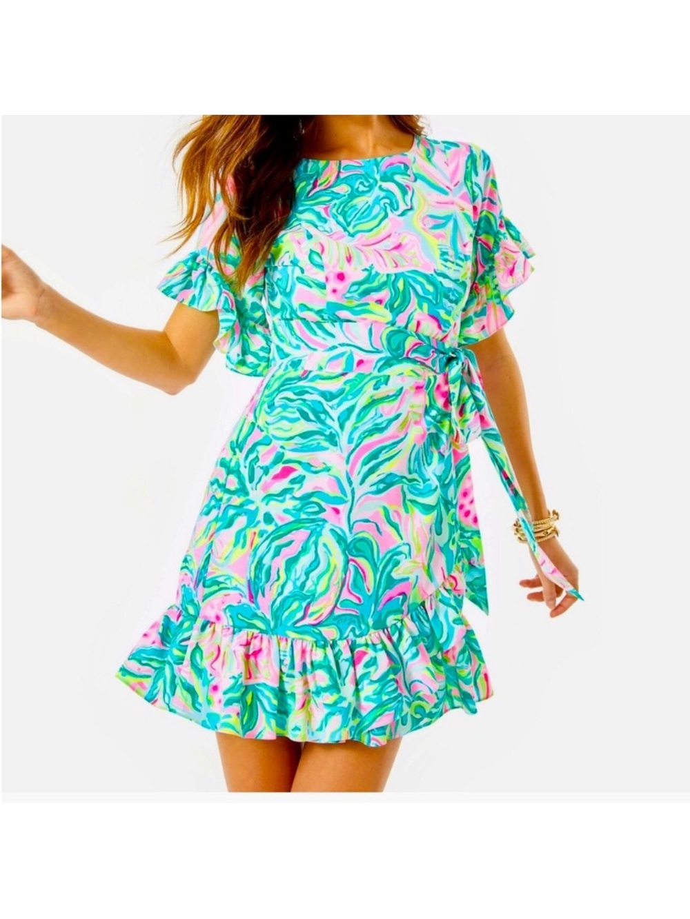 Lilly Pulitzer Turquoise Pink Green Floral Wrap-Style Ruffle Mini Dress